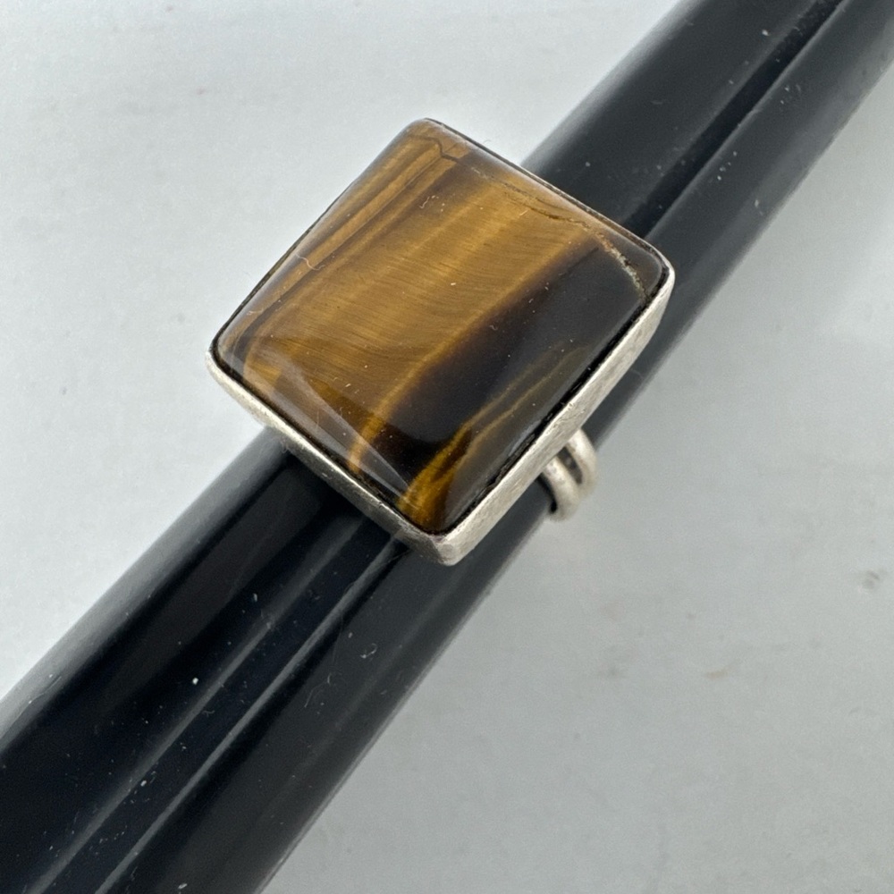 Vintage Sterling Silver 925 Tiger's Eye Ring Size 6 Square Statement Modernist